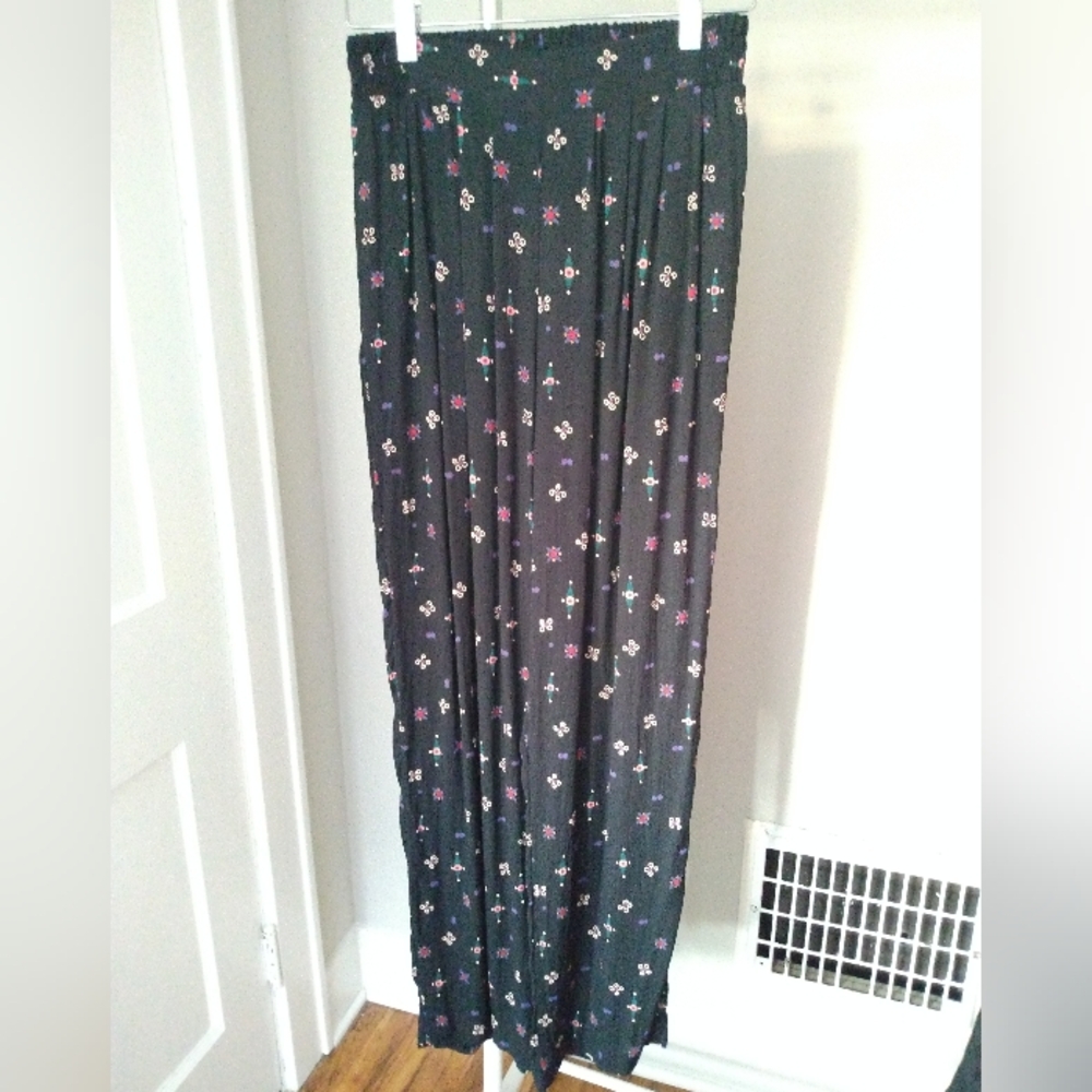 Vintage Carol Little wide flowy black pants with bright geometric design size 10